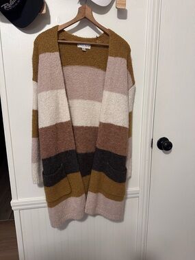 Striped Open-Front Cardigan Sweater - Multi Brown/Tan